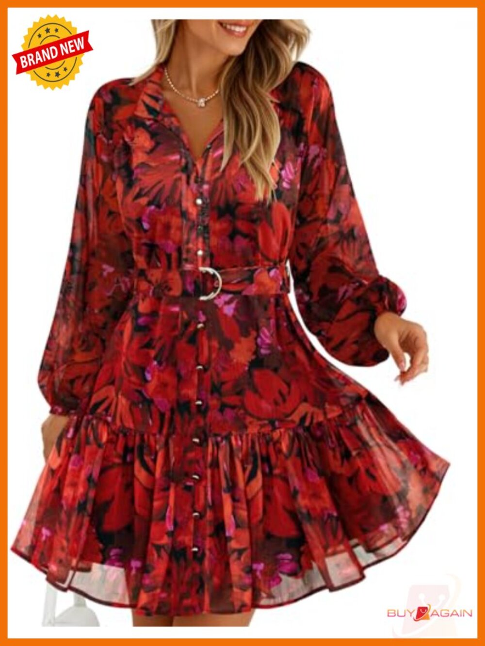 Womens Long Sleeve Floral Mini Dress Chiffon Button Down A Line